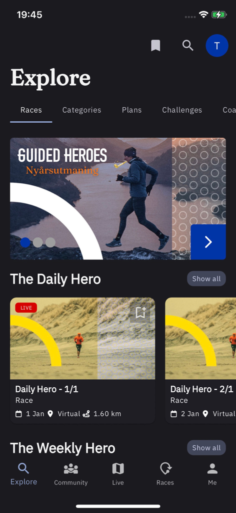Guided Heroes - Guided Heroes app Explore screen displaying featured race challenges and daily running events