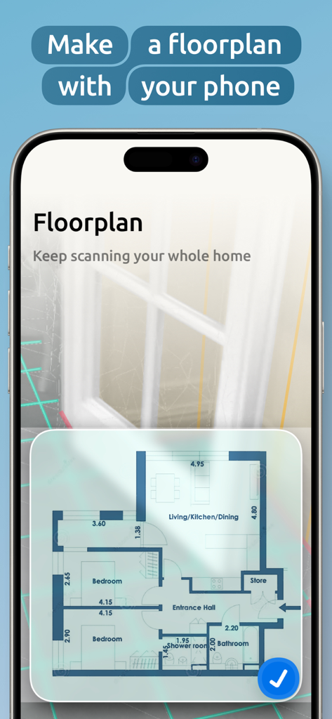 Homer: The Home Management App - Funzione scanner di planimetrie dell'app Homer che mostra un'interfaccia AR che scansiona una casa e un layout 2D con dimensioni delle stanze