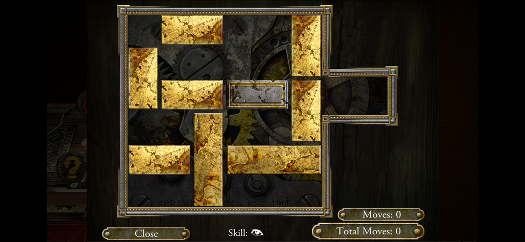 Mansions of Madness - Una interfaz de rompecabezas de bloques deslizantes dentro de la aplicación Las Mansiones de la Locura con bloques dorados desgastados y un fondo de engranajes.