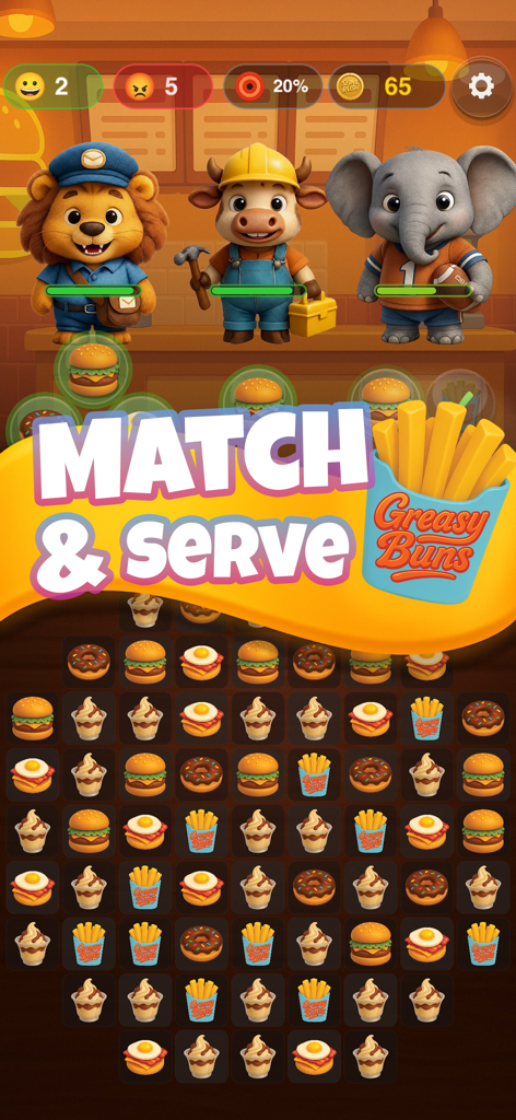 Serve Rush: Match 3 Adventure - Serve Rush mobile game interface showing food match 3 puzzles and cute animal characters