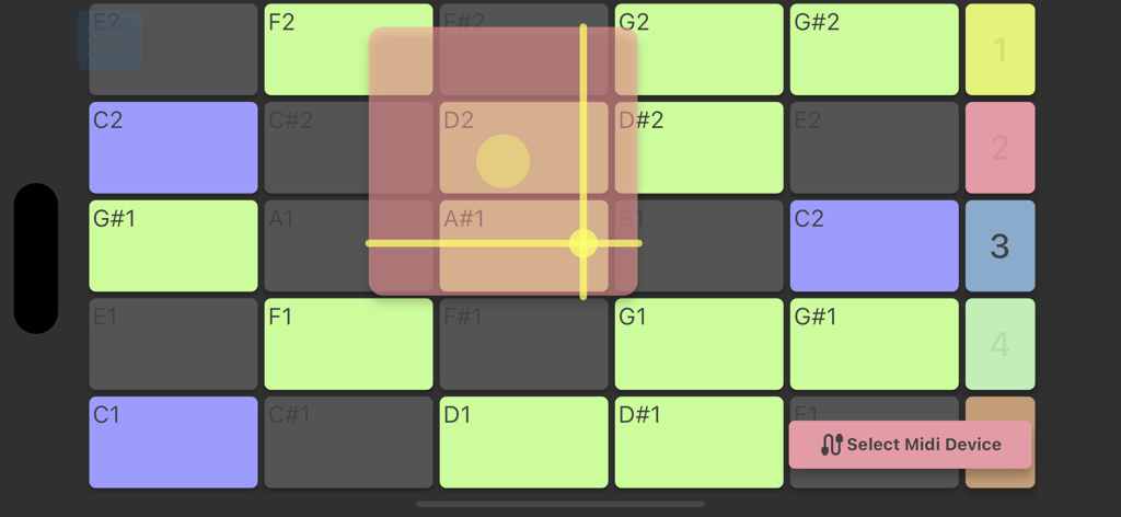 Midi Poly Grid - Midi Poly Grid app interface showing a colorful pad layout with active MPE modulation visual feedback.