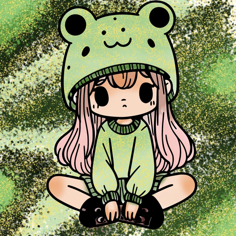 a girl wearing a frog hat and some frog socks