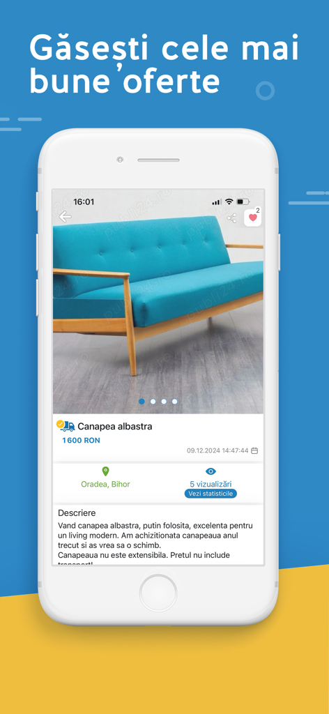 Aplicación móvil Publi24 mostrando un listado de muebles para un sofá azul en el mercado rumano