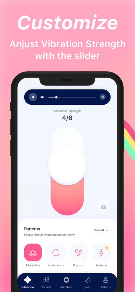 iVibrate - Vibrator Phone Spa - A mobile interface for iVibrate showing a slider to adjust vibration strength and a menu of massage patterns.