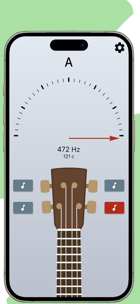 Ukulele Tuner - Simple Tuner - Interface de l'application Accordeur Ukulele montrant une aiguille d'accordage et la fréquence pour la corde La