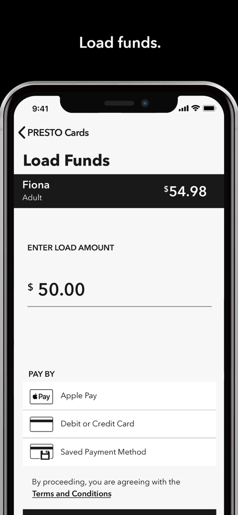 The PRESTO app interface showing the Load Funds screen with options to pay using Apple Pay or a credit card