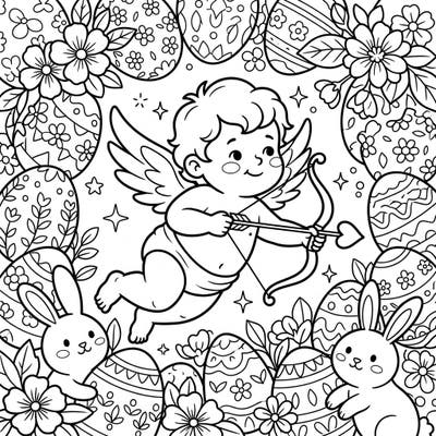 Embrace the joy of spring with this charming Easter coloring page featuring a playful Cherub Cupid. Surround yourself with decorated eggs, adorable bunnies, and blooming flowers for a delightful creative experience.