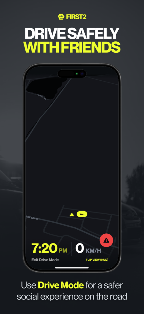 FIRST2 app drive mode interface showing a dark navigation map with speed and road alerts