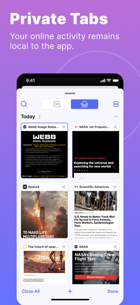 Startpage - Private Browser - Interface of the Startpage app showing multiple private tabs open in a grid view