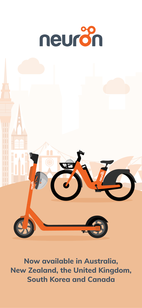 Neuron E-scooters and E-bikes - Orange Neuron e-scooter and e-bike illustration with city landmarks background