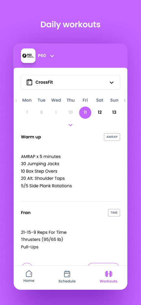 P60 app showing the daily CrossFit workout plan including warm up and Fran exercises