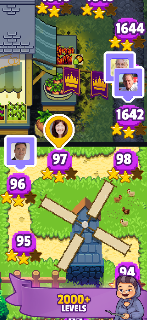 Witch Game - Bubble Pop Origin - Mapa de progresión de niveles de Witch Game mostrando un camino a través de un mundo de fantasía con avatares de amigos de Facebook y un banner de más de 2000 niveles