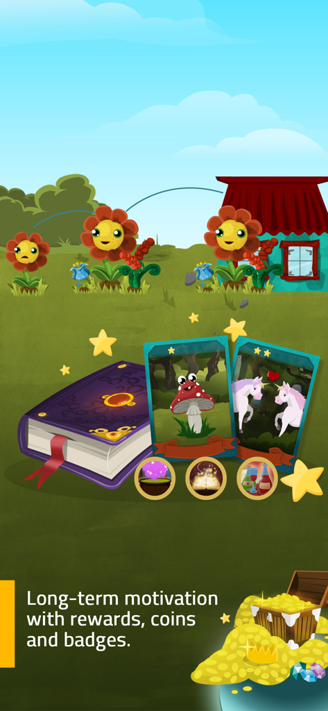 Belohnungsbildschirm für Abenteuer mit Goldmünzen und Abzeichen für den Fortschritt beim Mathematikunterricht.