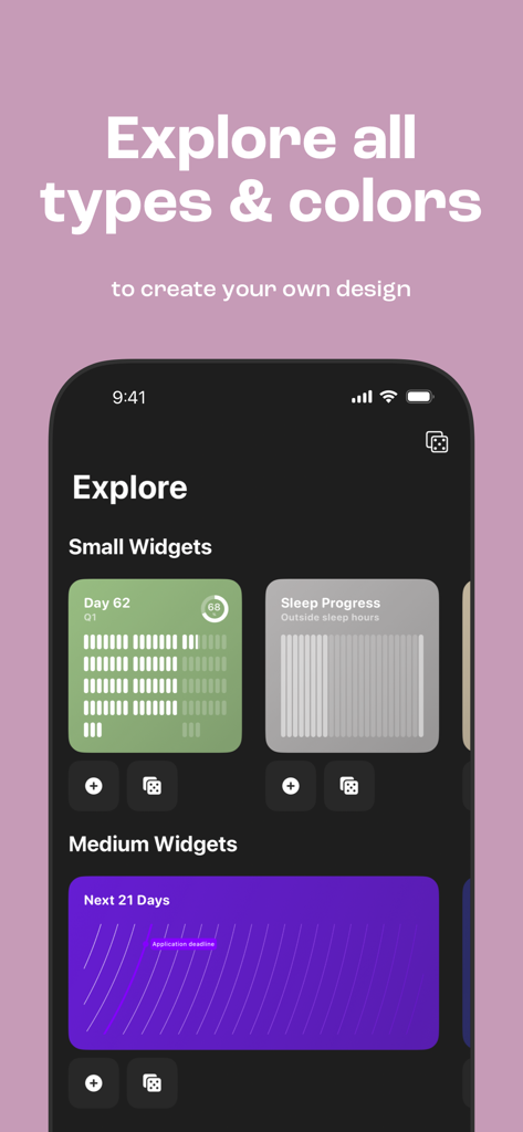 Awareness - Time Visualization - Explore section of Awareness app showing various small and medium time tracking widgets