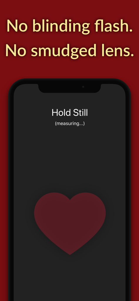 Interface of Hands Free Heart Rate Monitor app showing the measurement screen with a heart icon and text highlighting no flash usage