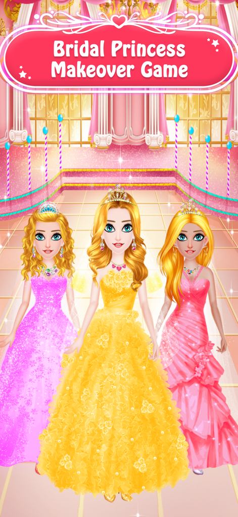Three princesses in colorful ball gowns and crowns standing in a palace hall