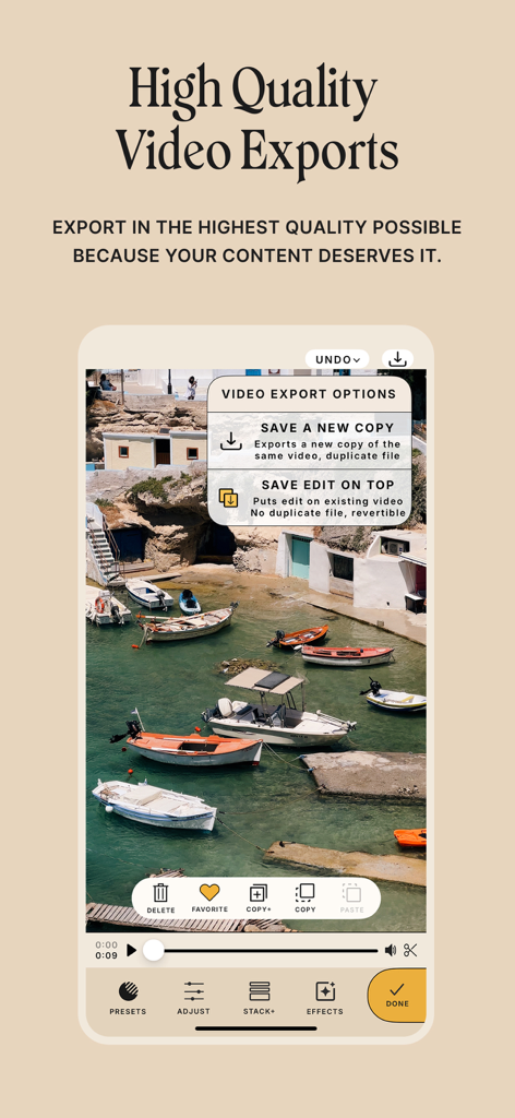 Phlow: Camera & Photo Editor - Phlow app interface showing high quality video export options and editing tools