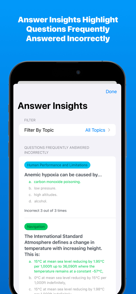 PPL試験対策アプリのインターフェースに、解答解説と頻繁に誤答した問題が表示されています。