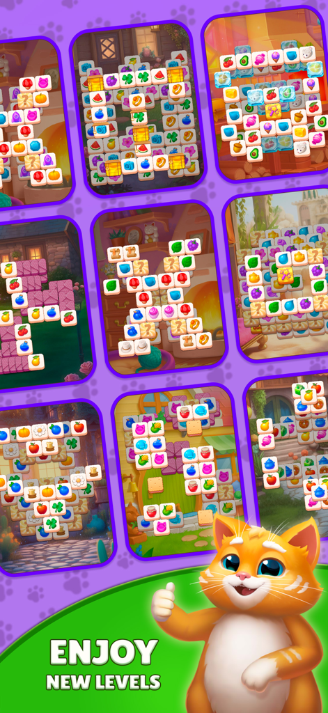 Tile Yard: Matching Game - A collection of various tile matching puzzle levels from Tile Yard featuring a friendly cartoon cat character.