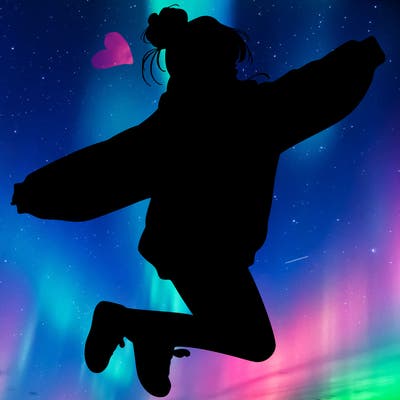 realistic girl jumping with a bun and oversized sweatshirt