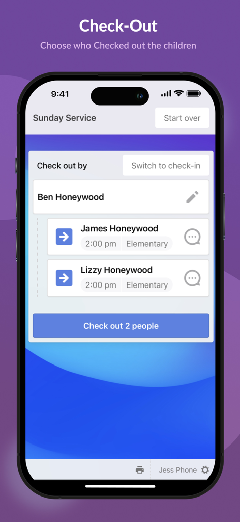 Mobile interface for checking out children from a church service using the Planning Center Check-Ins app.