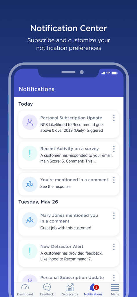 Medallia Mobile 3 notification center showing real-time customer feedback alerts and team mentions