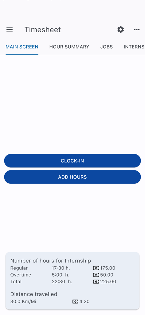 Main screen of the Timesheet app featuring clock in and add hours buttons with a summary of worked hours and salary