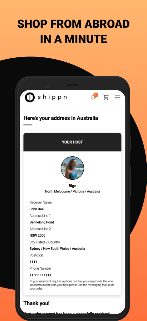 Shippn - Worldwide Shop & Ship - Shippn app screen showing a host profile and a local shipping address in Australia