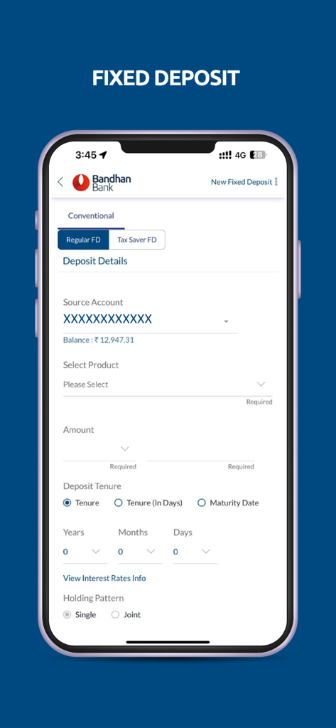 mBandhan - Mobile banking interface of mBandhan app showing fixed deposit account details and setup options