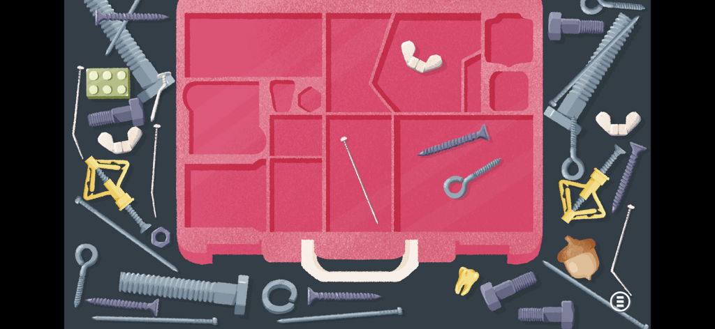 A Little to the Left - 手描きのピンクのツールボックス。さまざまなネジ、ボルト、留め具が、それぞれのコンパートメントに整理されるのを待っています。