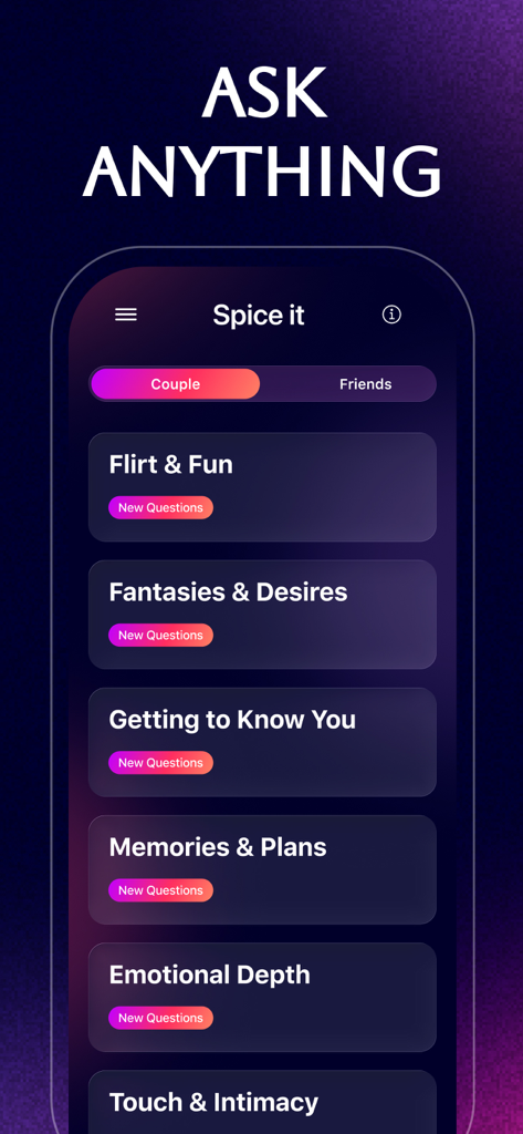 Spice It: Couple Games - Pantalla de la aplicación Spice It que muestra varias categorías de preguntas para parejas para mejorar la intimidad y la conversación