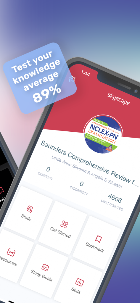 Tableau de bord de l'application Saunders NCLEX-PN montrant les progrès de préparation à l'examen et les outils d'étude