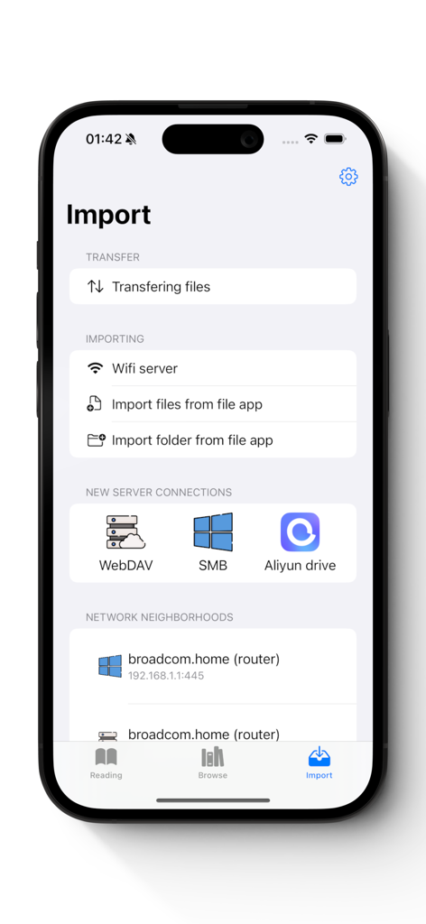 KedaReader app import screen showing various file transfer options including WebDAV SMB and cloud storage connections