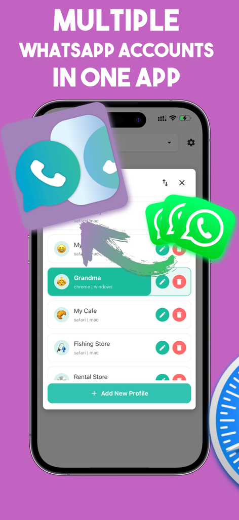 Una pantalla de smartphone que muestra una lista de múltiples perfiles de WhatsApp como negocios y personal dentro de la aplicación Mirror Chat