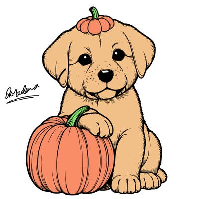 a realistic puppywith a pumpkin on his head