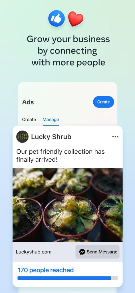 Meta Business Suite 모바일 인터페이스에서 Facebook 및 Instagram 광고 관리 및 게시물 실적 도달 범위를 보여줍니다.