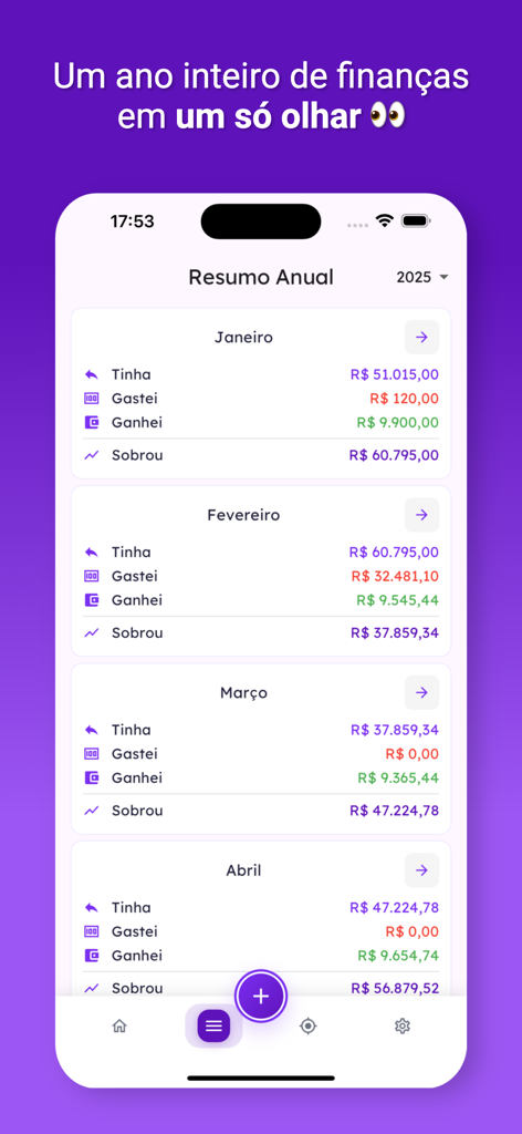 Wisecash - Annual financial summary screen of the Wisecash app showing monthly income and expenses