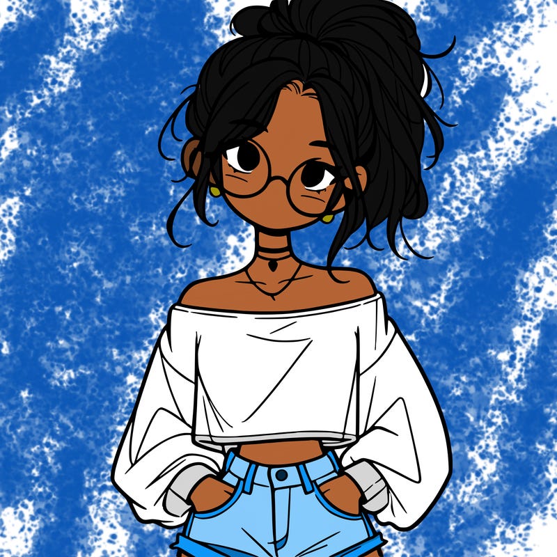 girl with a messy ponytail glasses a baggy crop top and jean shorts