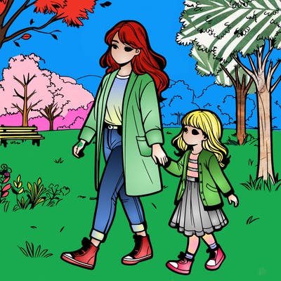realistic mom and daughter walking in park
