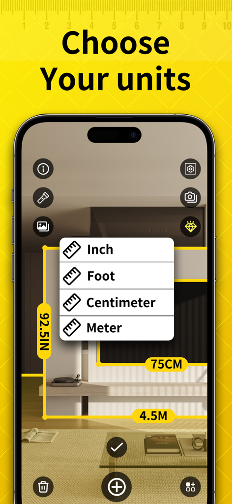 Level Tool・Tape Measure・AR App - Smartphone screen showing unit selection menu in an AR measurement app with options for inches feet and meters