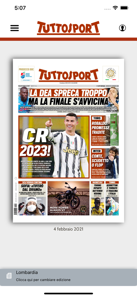 Prima pagina digitale del quotidiano Tuttosport all'interno dell'app mobile