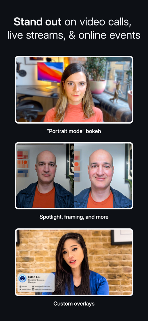 Camo Camera - A showcase of Camo camera features including portrait mode bokeh, spotlight framing adjustments, and custom professional overlays for video calls