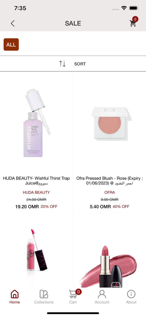 BROONZE - Mobile app screen showing beauty products on sale including Huda Beauty and Ofra cosmetics.