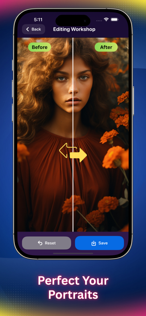 Aura AI Photo Magic - Edición de retrato cinematográfica de antes y después en la aplicación Aura AI Photo Magic