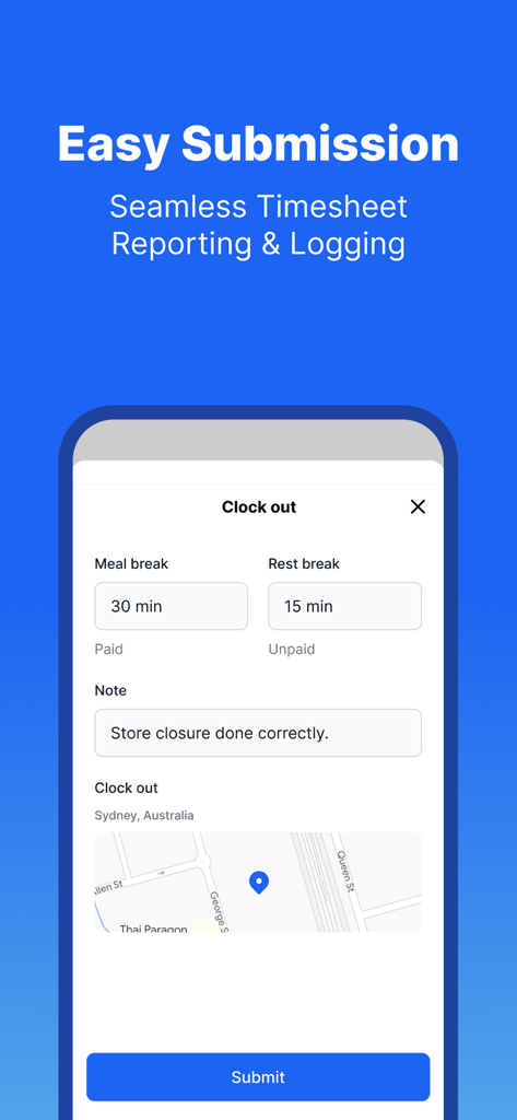 Interface do aplicativo móvel mostrando uma tela de saída de ponto de funcionário com registro de intervalo e rastreamento de localização