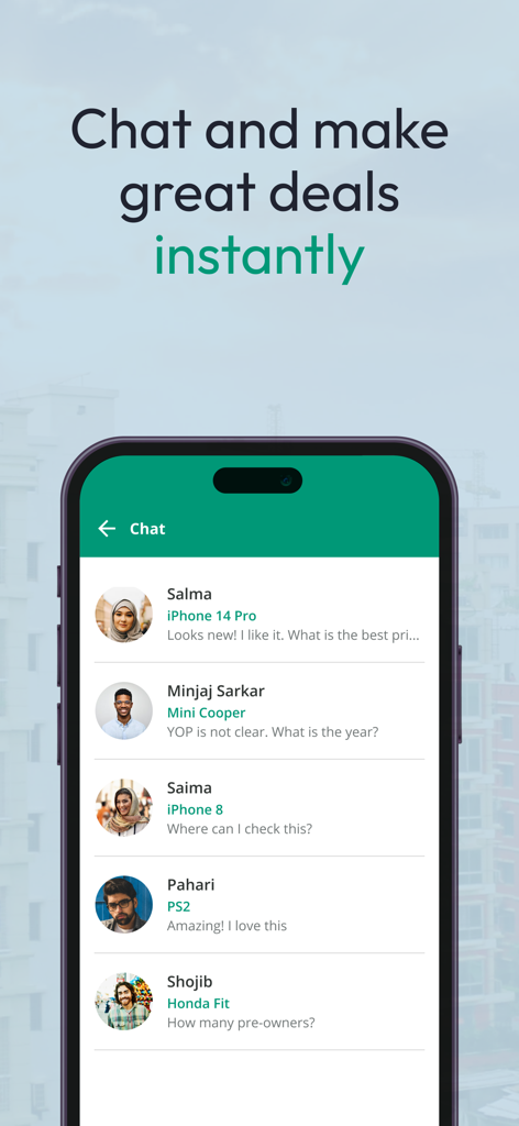 Bikroy - Everything Sells - Bikroy app chat screen showing messages from buyers and sellers about vehicles and electronics.