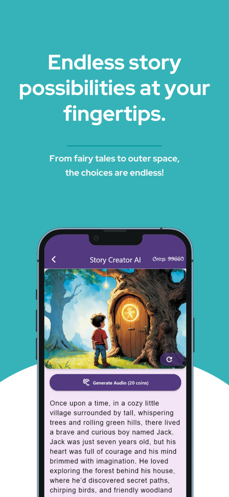Storybook AI: Bedtime stories - A smartphone showing the Storybook AI interface with an illustrated story about a boy discovering a magical door in a tree