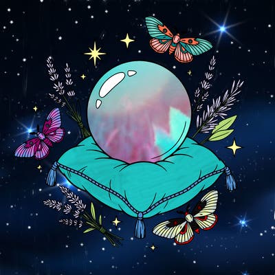 line art of a crystal ball sitting on a cushion surrounded by moths, dried herbs, tiny stars clean lines