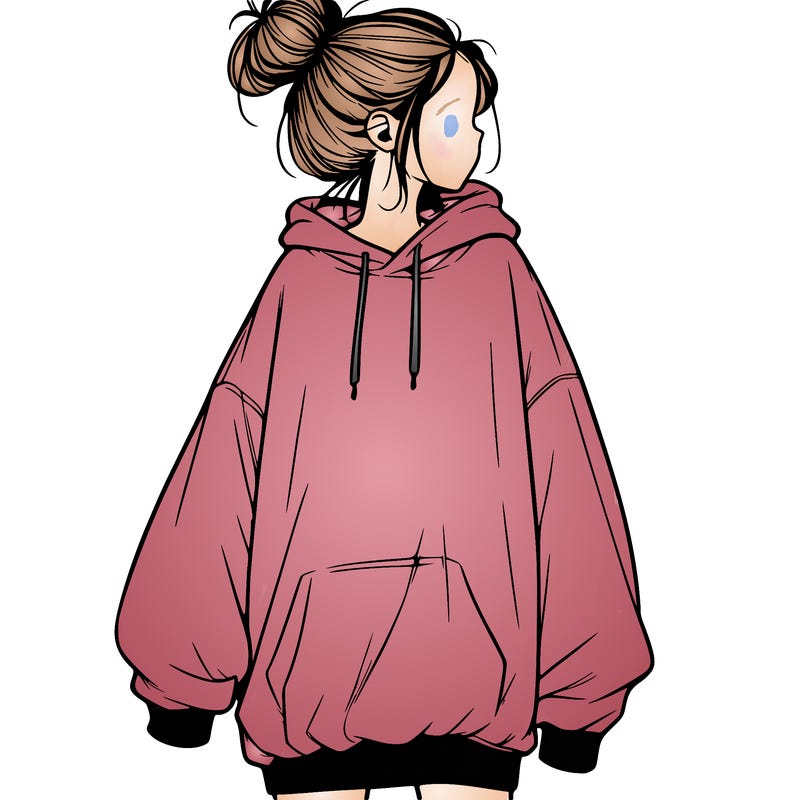 realistic girl with a oversized sweatshirt on and a bun