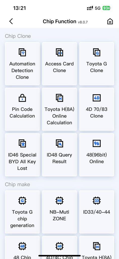 Mobile KD - Interfaz de la aplicación Mobile KD que muestra varias opciones de clonación y fabricación de chips de llaves automotrices para cerrajeros